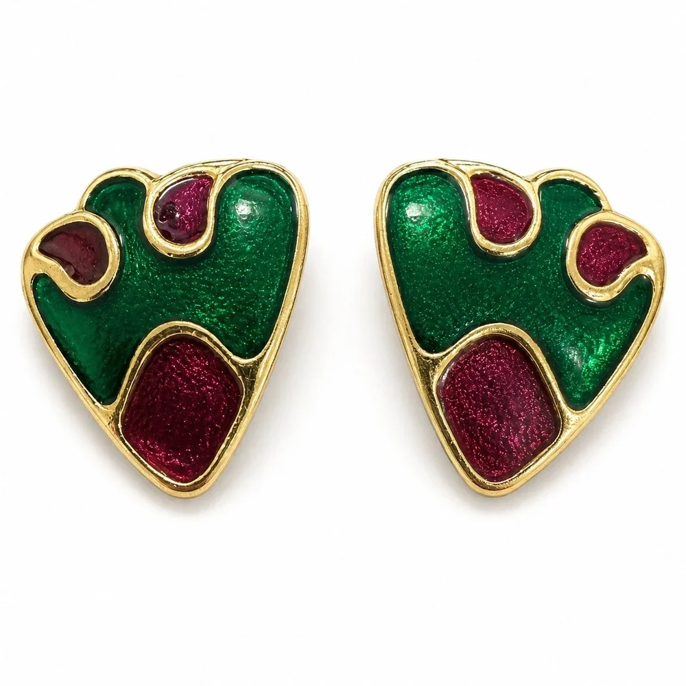 Vintage 1980s Green Burgundy Enamel Abstract Statement Clip-On Earrings